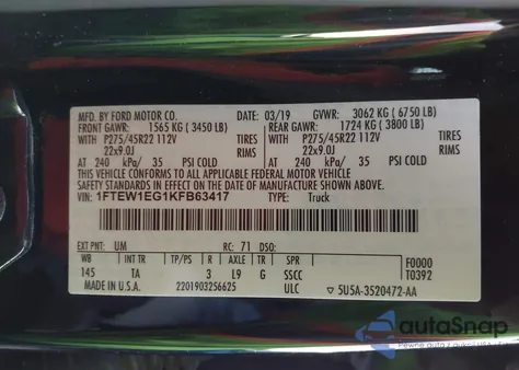 2019 Ford F-150 Limited from USA, damaged, VIN 1FTEW1EG1KFB63417